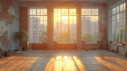 Home Renovation Process in a Sunlit Spacious Room with Large Windows