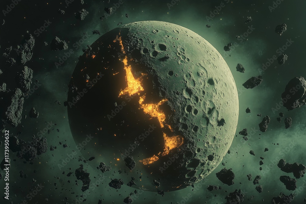 Poster destruction of a moon with glowing fissures and surrounding asteroids in a dark cosmic environment