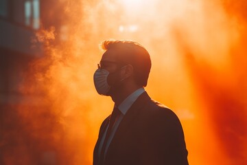 Professional man in mask stands against a vibrant sunset with a smoky backdrop in an urban setting