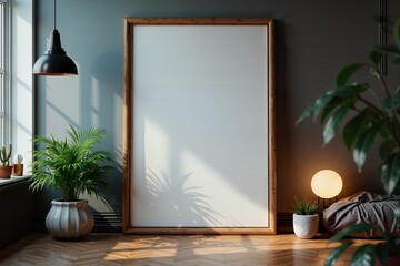 Cozy corner with a blank canvas, plants, and warm lighting.