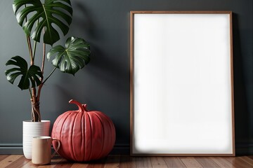 "Cozy corner with a plant, pumpkin, and blank canvas."