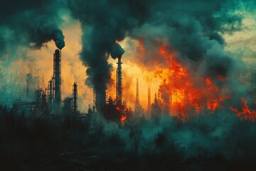 Fototapeta premium Dark smoke billows from an industrial site as flames engulf nearby structures during sunset
