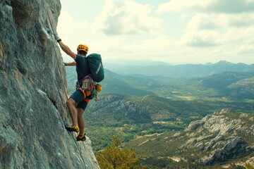 Climber ascends a rocky formation in a scenic landscape under a bright sky during the day
