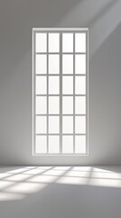 Fototapeta premium Sunlight streams through a large, multi-paned window in a minimalist room.