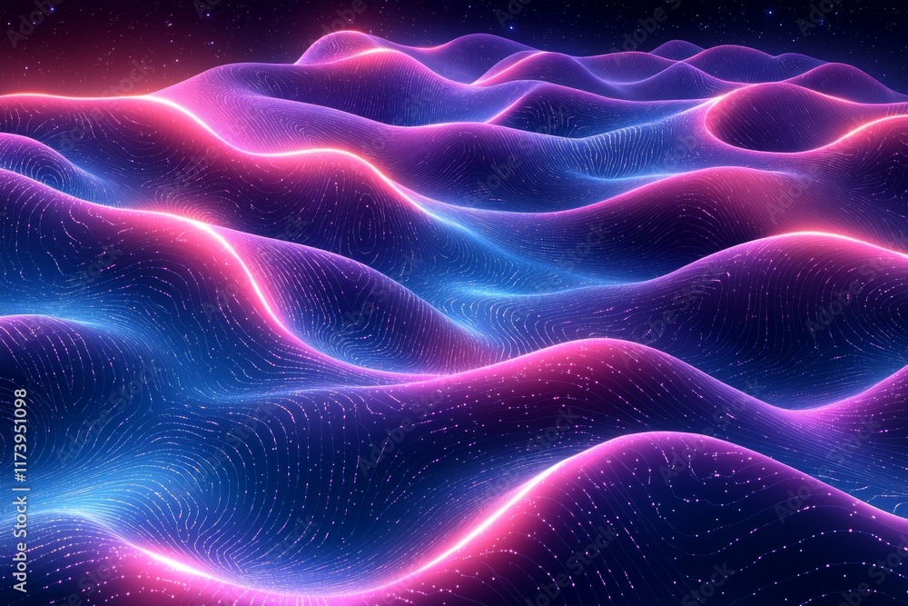 Poster glowing neon lines in soft blue and purple create smooth wave like patterns across dark gradient bac