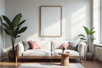 Modern minimalist living room with white sofa, wooden frame, and green plants.