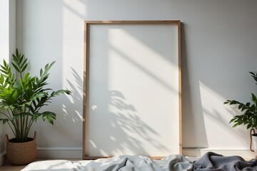 A serene corner with a blank canvas, lush plants, and natural light.