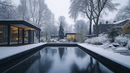Modern Winter Retreat with a Snowy Poolside