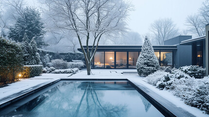 Modern Winter Retreat with a Snowy Poolside