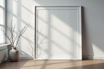 A serene corner with a blank canvas, a vase of bare branches, and the play of sunlight.