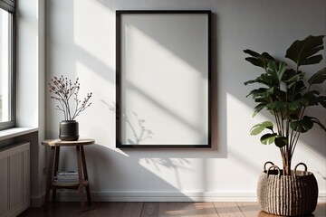 A serene corner with a minimalist frame, a potted plant, and natural light.