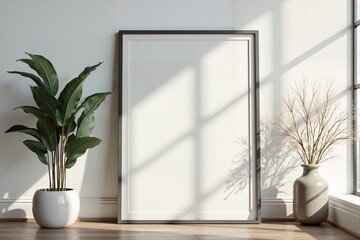 A serene corner with a blank canvas, lush greenery, and natural light.