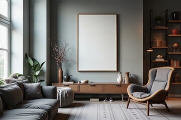 "Contemporary living room with minimalist decor, featuring a large blank frame, cozy seating, and natural elements."
