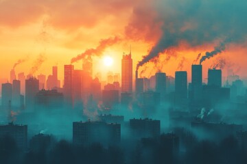 Fototapeta premium Dramatic sunset over a city skyline with smoke rising from buildings on a hazy evening