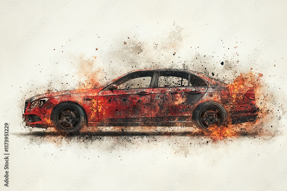 Poster explosive art of a red car in motion with fiery splashes and abstract colors on a muted background