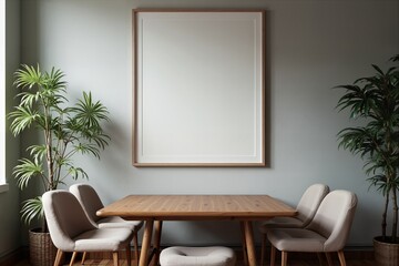 A minimalist dining area with a large blank frame, wooden table, and upholstered chairs.