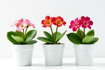 Naklejka premium Three small kalanchoe flowers in white pots on a white background, pot, greenery