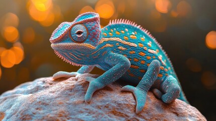 Obraz premium Hyper-realistic Chameleon Resting on Textured Rock in Warm Light