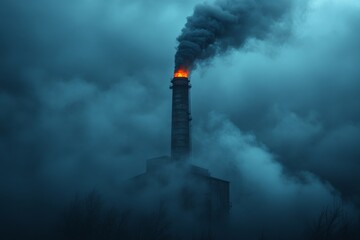 Factory smokestack releases thick black smoke against a dark cloudy sky