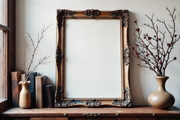 Elegant vintage frame and botanical decor on a rustic wooden shelf.