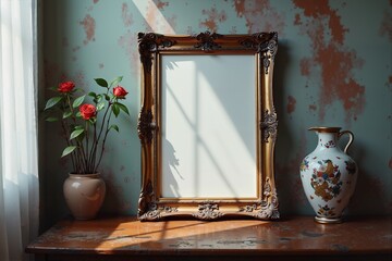 Elegance in simplicity: vintage frame, blooming roses, and timeless beauty.