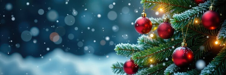 Fototapeta premium Winter snowflakes falling on a Christmas tree with colorful decorations, holiday, snowflakes