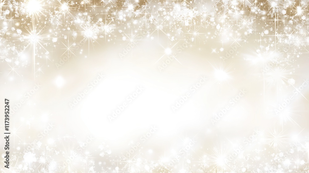 Poster a soft gold and white abstract background with sparkling stars and bokeh effect. ideal for holiday c