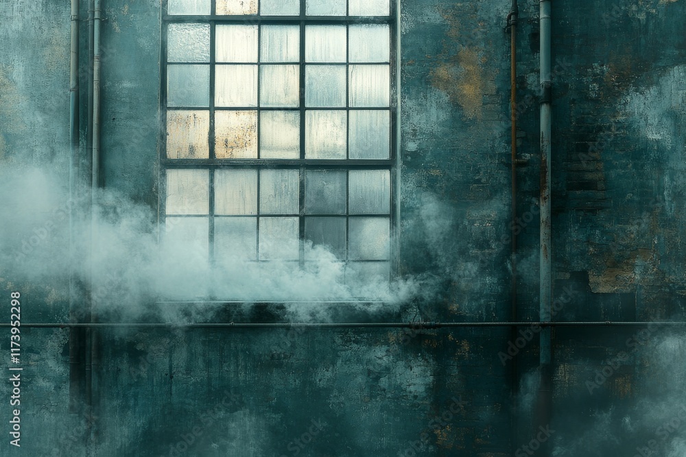 Poster misty atmosphere in an industrial space featuring a large window with reflections on a cloudy day