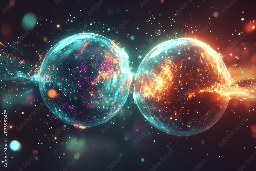 Poster dynamic collision of cosmic spheres creating energy sparks in a vivid cosmic setting