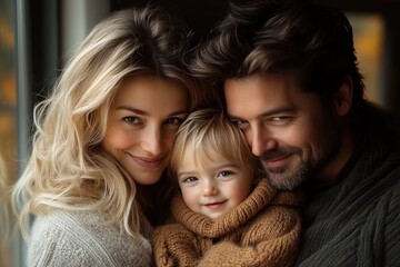 Family Portrait in Autumn Forest with Colorful Leaves Covering Eyes in Warm Sunshine
