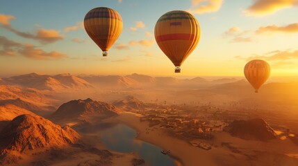 Naklejka premium Three hot air balloons over desert, ancient town.