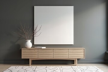 Modern minimalist living room with a large blank canvas, wooden console table, and a geometric rug.