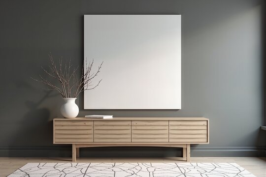 Modern minimalist living room with a large blank canvas, wooden console table, and a geometric rug.