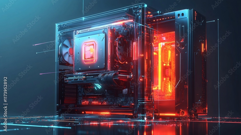 Poster futuristic computer tower with glowing internal components.