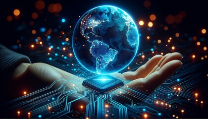 A hand gently touches a glowing digital globe, symbolizing global data and technological integration in a futuristic, high-tech environment.