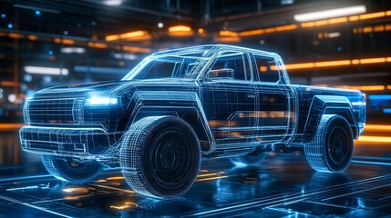 Wireframe pickup truck digital model in futuristic setting.