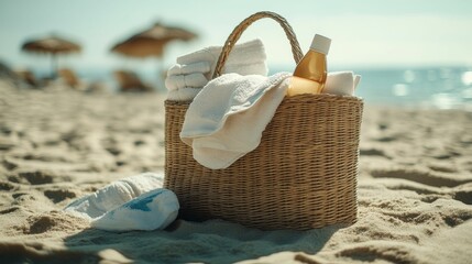 Beach basket holds towels, bottle, sunny sand.