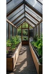Greenhouse interior with raised beds promoting indoor gardening and efficient planting during daylight hours