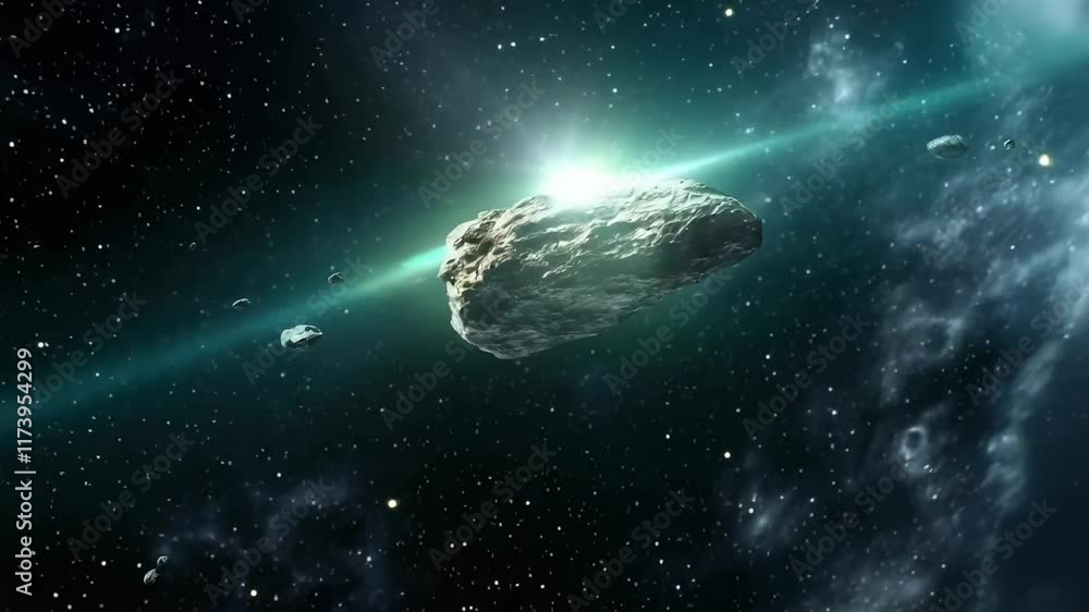 Poster large asteroid is hurtling through the vast expanse of space, leaving a luminous trail in its wake, 