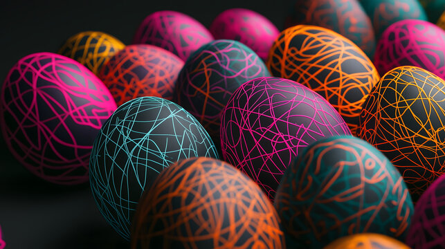 Vibrant minimalist Easter design featuring glowing neon eggs in an artistic arrangement, perfect for a creative wallpaper or background to celebrate the season