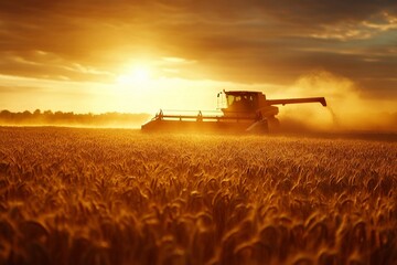 Fototapeta premium A glowing sunset over a golden wheat field with combines harvesting
