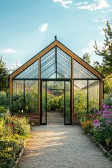 Obraz premium Elevated greenhouse structure showcasing clean lines with vibrant plant life, set against a clear blue sky in a serene garden setting