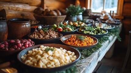 Fototapeta premium Rustic wooden table laden with hearty, traditional food.