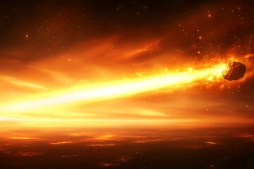 Fototapeta premium Streaking meteor illuminates the night sky over a distant planet with fiery brilliance and cosmic energy