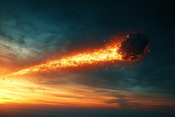 Bright meteor streaks across a twilight sky, leaving a fiery trail of light and debris behind