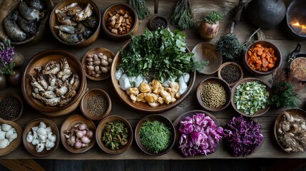 Fototapeta premium Overhead view of various ingredients for medieval-style cooking.