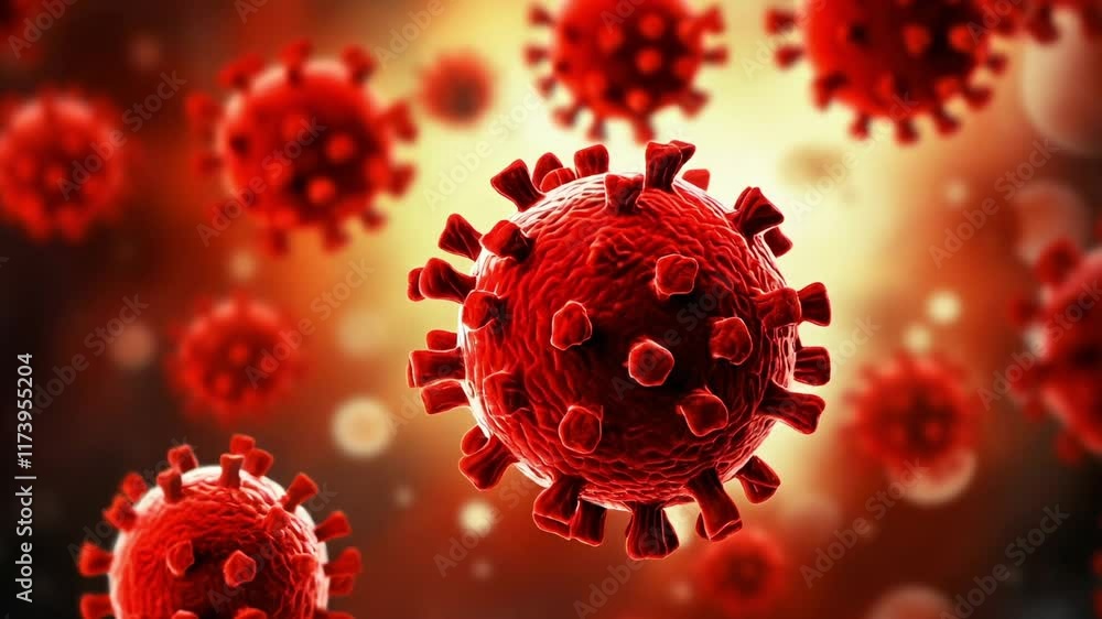 Poster Coronavirus particles are depicted floating against a blurry red background, creating a visually striking representation of the virus and its potential impact