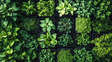 Symmetrical grid layouts of lush green crops showcasing careful arrangement for organized growth and cultivation in a sunlit environment