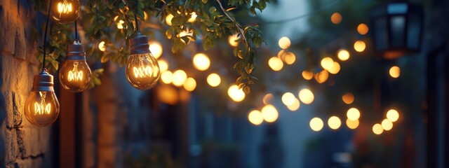 Hanging bulbs illuminate a charming alley with warm light creating a cozy atmosphere for late evening gatherings