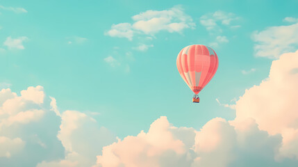 Obraz premium Whimsical birthday card with colorful hot air balloon and cloudy sky background design. Skybound. Illustration